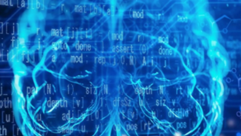 blue brain with text and data lines throughout image 